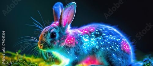 A rabbit with bioluminescent fur created through genetic engineering to study gene expression photo