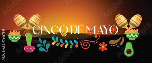 Cinco de Mayo - May 5, federal holiday in Mexico. Fiesta banner and poster design with flags, flowers, decorations. Cinco de Mayo creative, banner, social media post, greetings card, etc. 