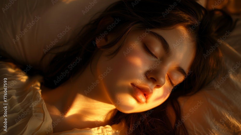 Beautiful girl with a peaceful expression sleeping soundly on the bed, with soft natural light Beautiful girl with a peaceful expression sleeping soundly on the bed, with soft natural light