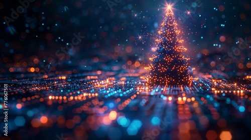 A Christmas poster featuring a christmas tree, digits 2024 in a techno style design. A new year and merry Christmas congratulations card, design on a cyber computer. A digital banner of an event in