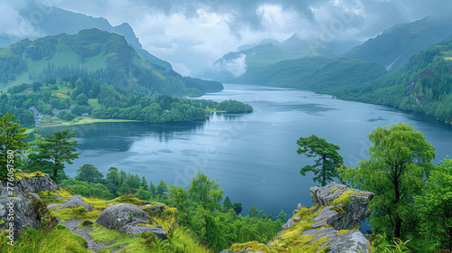 Beautiful aerial view of the beautiful lake surrounded by mountains and forests in Norway. Created with Ai © Artistic Assets