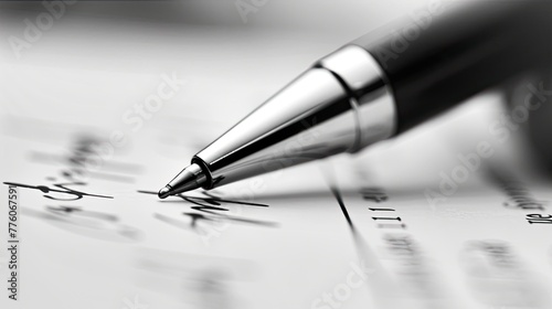 An extreme close-up of a pen signing a significant contract focusing on the tip of the pen and the signature