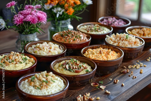 table laden with bowls of haroset in various flavors and textures. From classic apple and walnut to exotic date and fig, each bowl offers a unique twist on this traditional Passover dish