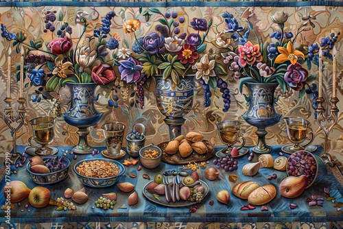 lavish tapestry depicting the Passover seder table, complete with ornate decorations and symbolic items. Each detail tells a story, weaving together the past and present © Izanbar MagicAI Art