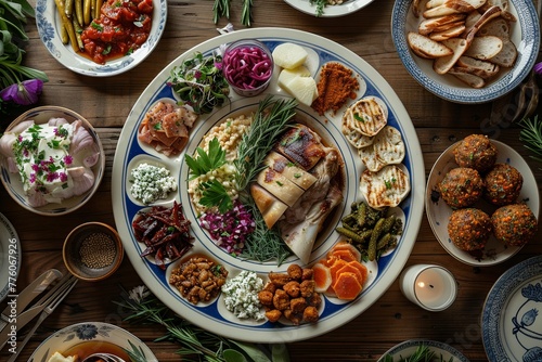 a Seder Plate Spectacle From the shank bone to the bitter herbs, each element is carefully arranged on the plate, creating a stunning centerpiece for the Passover