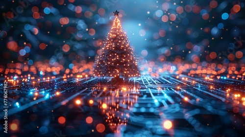 An image of a Christmas tree on a Christmas poster in a computer technology style. New year and merry Christmas congratulations cards in a computer technology design style. Template for Christmas