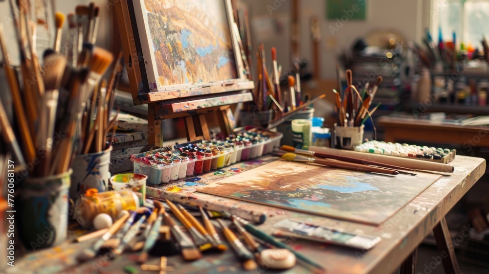 Vibrant chaos in a creative workspace, with a close-up focus on art supplies and sketches, illustrating the beauty inherent in the creative process.