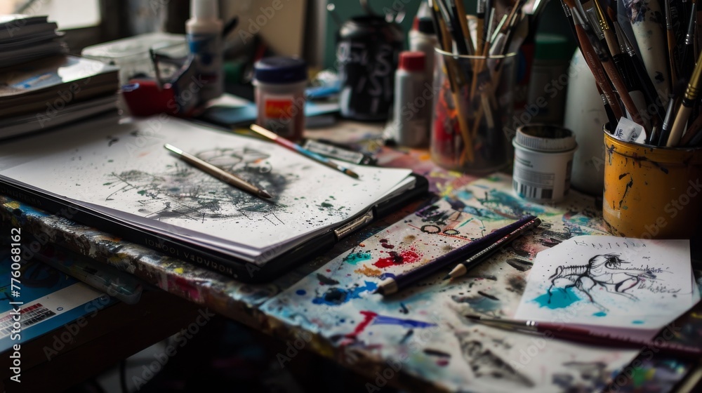 Captivating close-up of a chaotic creative workspace, showcasing art supplies and sketches in a beautiful portrayal of the creative journey. Captivating close-up of a chaotic creative workspace, showcasing art supplies and sketches in a beautiful portrayal of the creative journey.