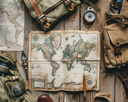 Close-up of adventure essentials: compass, map, and gear laid out, ready for the next journey.
