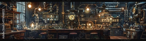 Steampunk inventors workshop with gadgets, machinery, and steam engines , 3D illustration