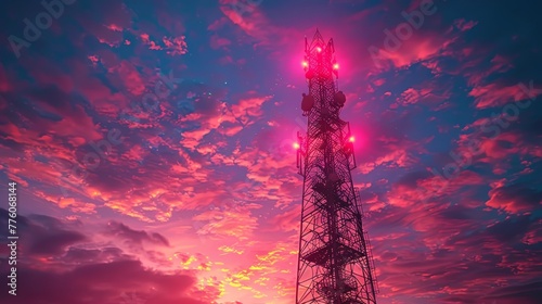 The 5g communication tower transmits telecommunication signals wirelessly. The 5g antenna network transmits mobile signals. The 5g communication tower broadcasts mobile signals.
