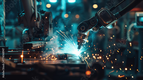 A robot is working on a piece of metal  surrounded by sparks and smoke. The scene is intense and action-packed  with the robot s movements and the sparks creating a sense of urgency and excitement