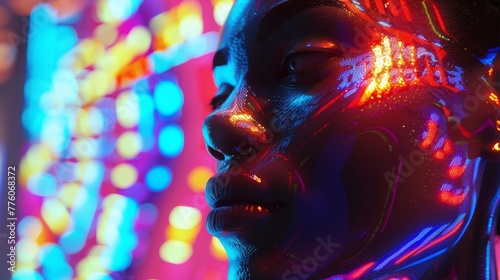 Face that transforms into a stunning abstract masterpiece, illuminated by a vibrant display of light.