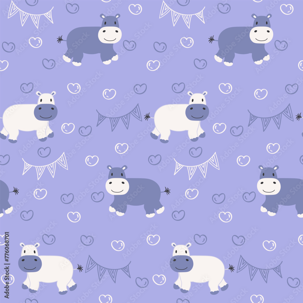 Vector seamless pattern with hippopotamus.Tropical jungle cartoon creatures.Pastel animals background.Cute natural pattern for fabric, childrens clothing,textiles,wrapping paper. Vector seamless pattern with hippopotamus.Tropical jungle cartoon creatures.Pastel animals background.Cute natural pattern for fabric, childrens clothing,textiles,wrapping paper.