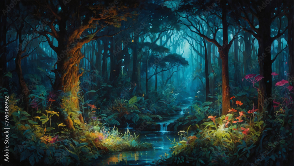 A mesmerizing scene unfolds in a bioluminescent phosphorescent augmented reality overlay, revealing a mystical forest inhabited by ethereal creatures.