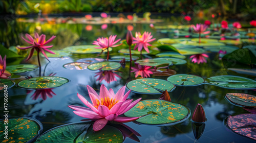 A tranquil pond surrounded by lush greenery  with vibrant pink lotus flowers and lily pads floating on the water s surface. The scene is set in an exotic garden filled with rocks  weeping willows  tre
