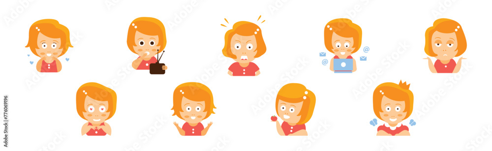 Funny Woman Character with Red Hair in Action with Emotion Vector Set Funny Woman Character with Red Hair in Action with Emotion Vector Set