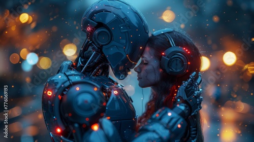 A couple of cyborgs are in love. An intelligent male robot holds an intelligent female robot in his arms. Artificial intelligence. Symmetrical modern illustration of romantic relationships between