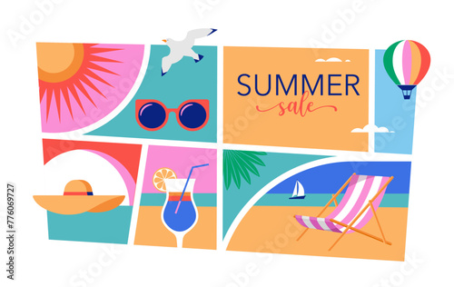 Colorful Geometric Summer and Travel Background, poster, banner. Summer time fun concept design promotion design and illustration