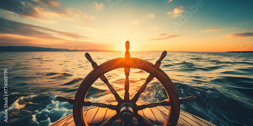  ship wheel or helm at sunset in the background, adventure direction concept