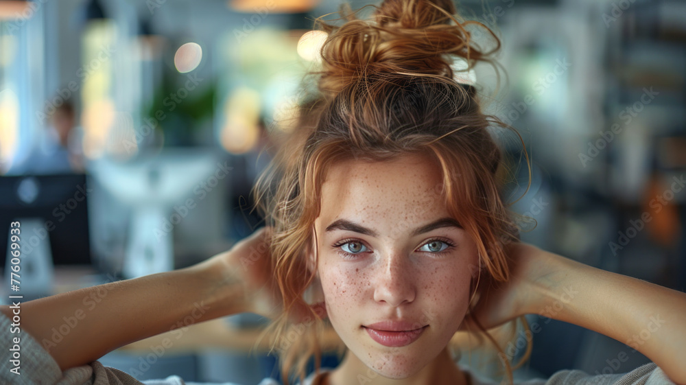 Fototapeta premium Portrait of a young woman screeming with a funny face, casual clothes , Holds hairs up, in business environment,generative ai