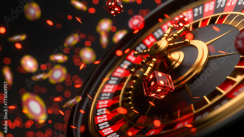 Casino Roulette wheel with Casino chips on the background, Illustration