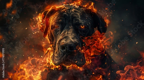 Charred hell dog, emerging from flames, grim and foreboding dark realm , sci-fi tone, technology photo