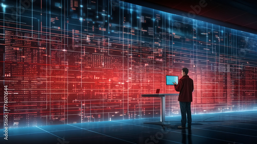 A cybersecurity professional analyzes complex data patterns on futuristic digital screens in a high-tech control room.
