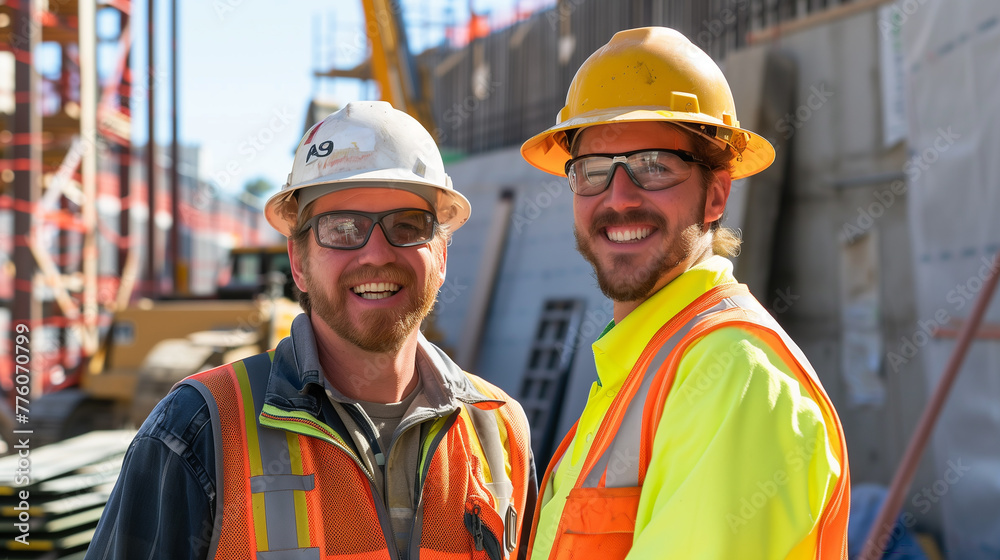 Two men wearing safety gear and smiling for a photo. Scene is happy and lighthearted Two men wearing safety gear and smiling for a photo. Scene is happy and lighthearted