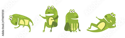 Cute Green Frog in Different Activity Vector Set