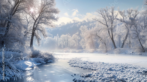 A serene winter landscape with trees covered in snow, a frozen river flowing through the scene, and sunlight filtering through the misty air. The sky is a clear blue with fluffy white clouds adding to © sravanthi