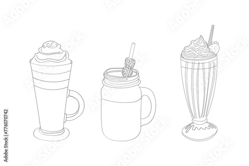 Three different styles of milkshakes are depicted in a minimalist, hand-drawn style, showcasing classic dessert beverages adorned with whipped cream and garnishes such as strawberry and cookies