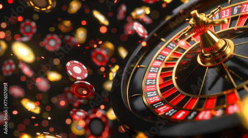 Casino Roulette wheel with Casino chips on the background, Illustration