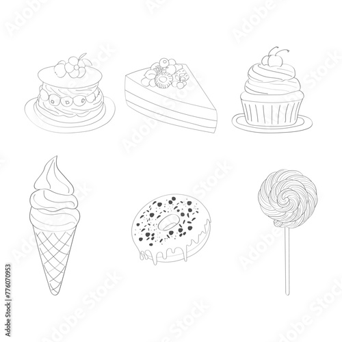 A detailed drawing shows various cakes and desserts, including cupcakes, pies, tarts, pastries, and cookies