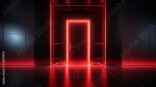  Door to a modern office with red glow and a red network