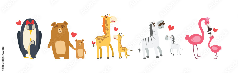 Fototapeta premium Baby Animal and Their Mom Love Each Other Vector Set