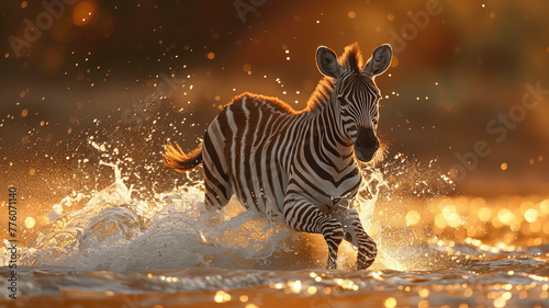 A zebra run across ponds,golden hour,generative ai