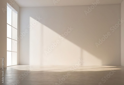 Empty simple background for presentation with wall and podium. Sunlight from the window casts a shadow on light wall.