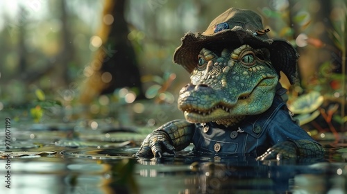 Crocodile Plumber, a crocodile in overalls, fixing pipes in a swampy area , hyper realistic