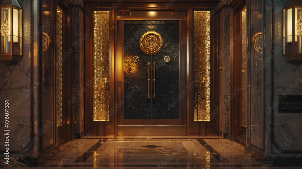 At the entrance of an upscale hotel, a grand door bearing the distinctive logo of a renowned brand stands as a symbol of elegance and prestige, captured in vivid HD detail - obrazy, fototapety, plakaty 