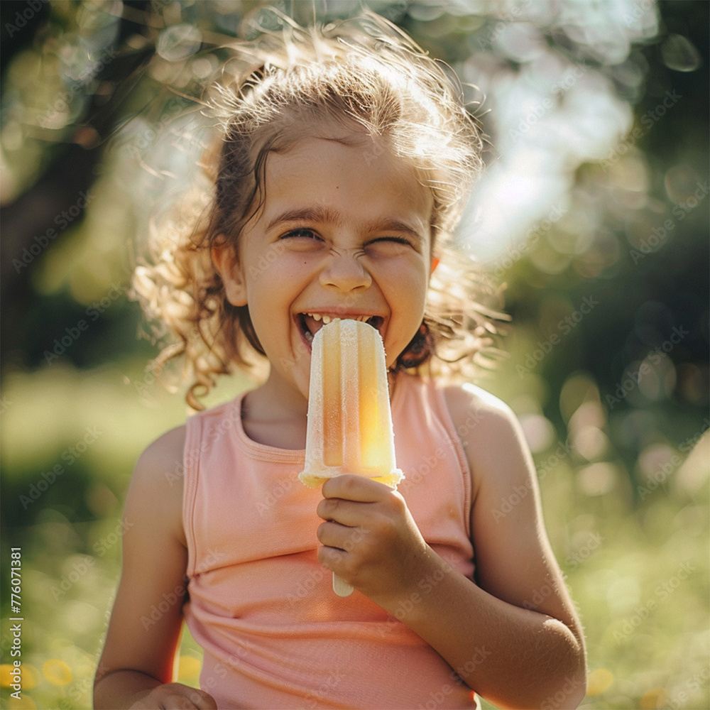 happy and smiling little girl eating a popsicle on a hot summers day in her backyard happy and smiling little girl eating a popsicle on a hot summers day in her backyard