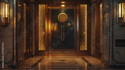 At the entrance of an upscale hotel, a grand door bearing the distinctive logo of a renowned brand stands as a symbol of elegance and prestige, captured in vivid HD detail