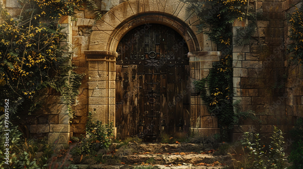 At the entrance to the castle's magnificent keep, a giant stone door worn smooth by decades of use stands as a silent sentinel guarding the riches within, portrayed in amazing HD clarity.```SW