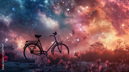 A lone bicycle stands in a mystical field under a breathtaking cosmos, creating a surreal and dreamlike landscape.  © nextzimost