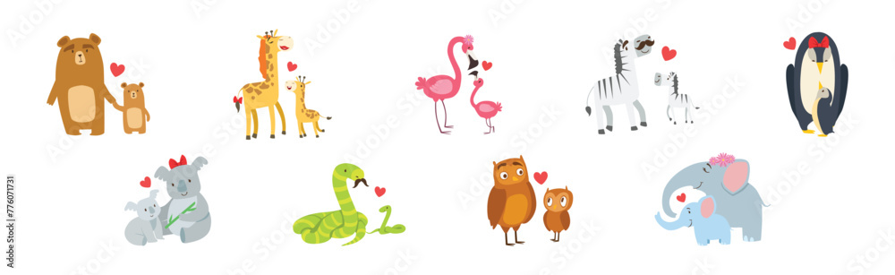 Naklejka premium Baby Animal and Their Mom Love Each Other Vector Set
