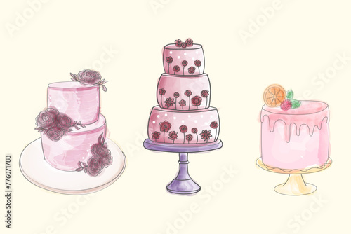Three different types of cakes are depicted in this drawing. Each cake is uniquely designed, showcasing a variety of flavors, toppings, and decorations