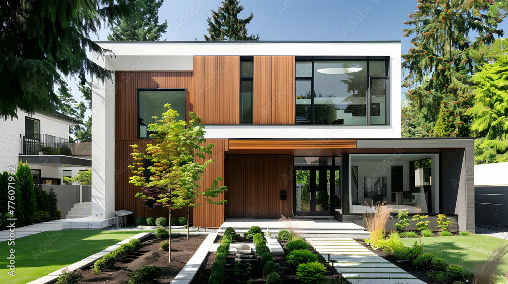 A modern, luxurious, minimalist cubic house featuring white walls, wooden cladding, and a front garden with thoughtful landscaping. External architecture of residential buildings