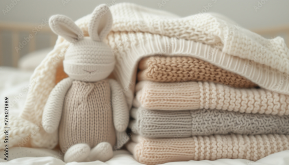 Blurred background of stacks of baby jersey sweaters, cream-colored textiles, and stuffed bunnies Blurred background of stacks of baby jersey sweaters, cream-colored textiles, and stuffed bunnies