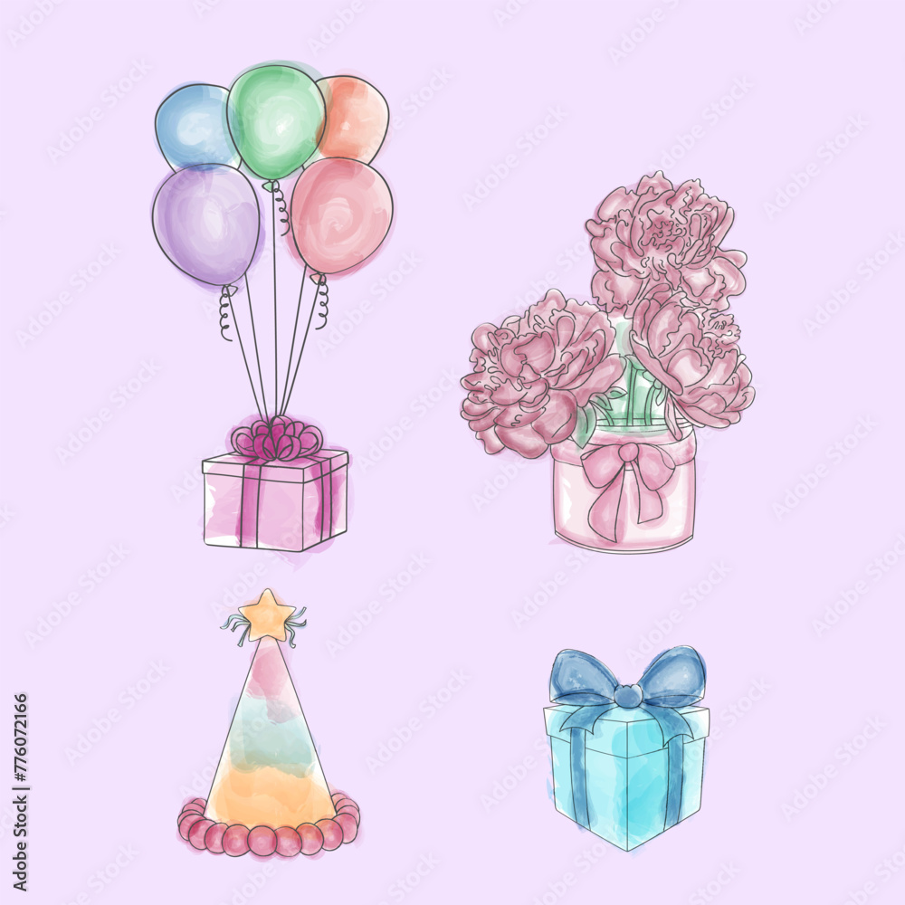 A collection of vibrant balloons, a wrapped gift box, and a fresh bouquet are displayed together. The balloons are various colors, the gift box is rectangular, and the flowers A collection of vibrant balloons, a wrapped gift box, and a fresh bouquet are displayed together. The balloons are various colors, the gift box is rectangular, and the flowers