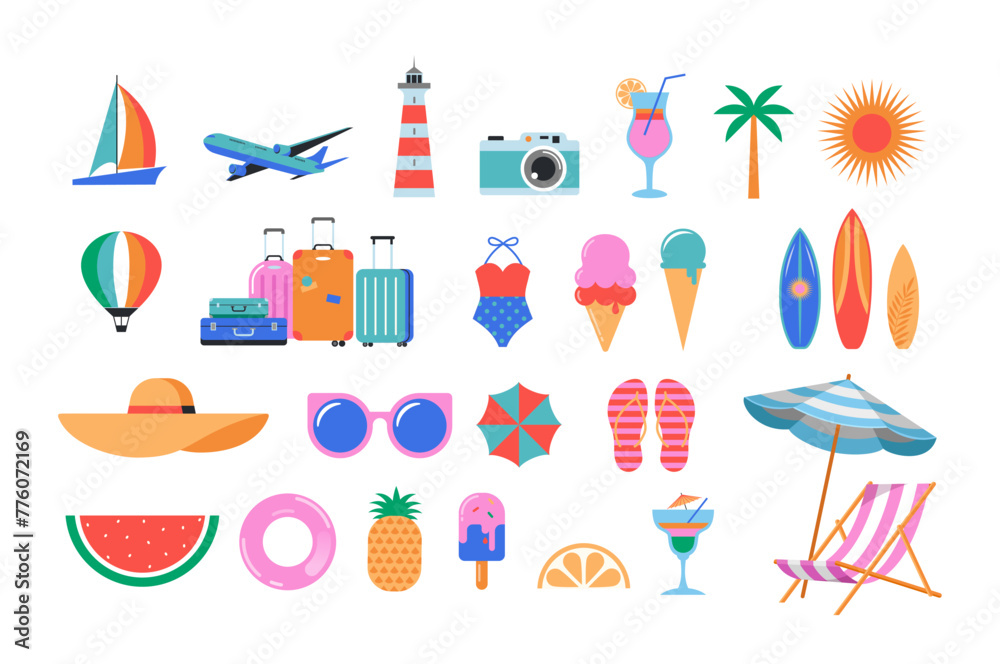 Summer, travel icons set. Vector collection of illustrations
